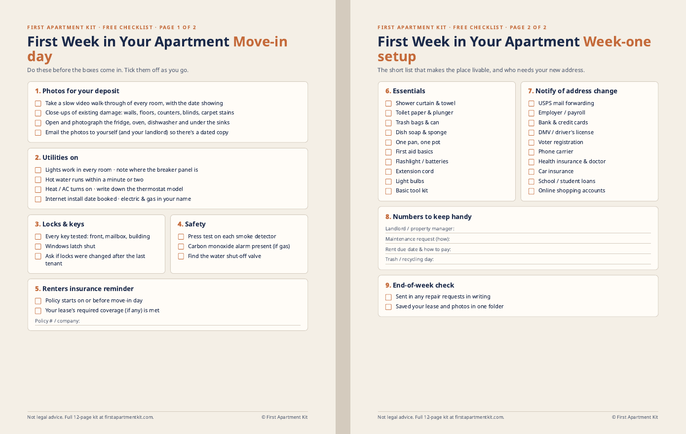 Preview of the 2-page First Week in Your Apartment checklist
